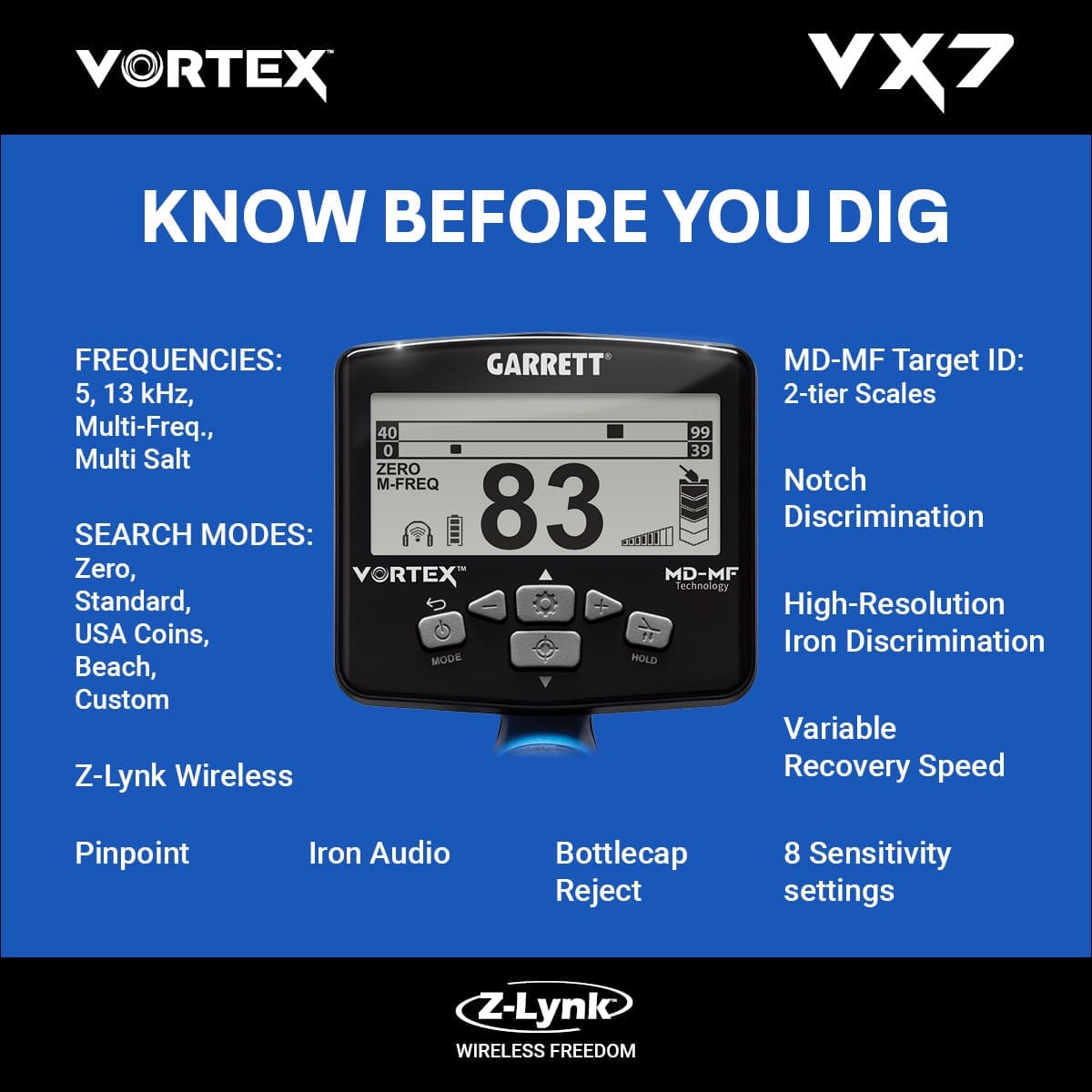 Amasya Garrett Vortex VX7 Dedektör - VX7 hedef ID ekranı, iki katmanlı MD-MF okuma ile demir ve iletken hedefleri ayırmaya yardım eder.